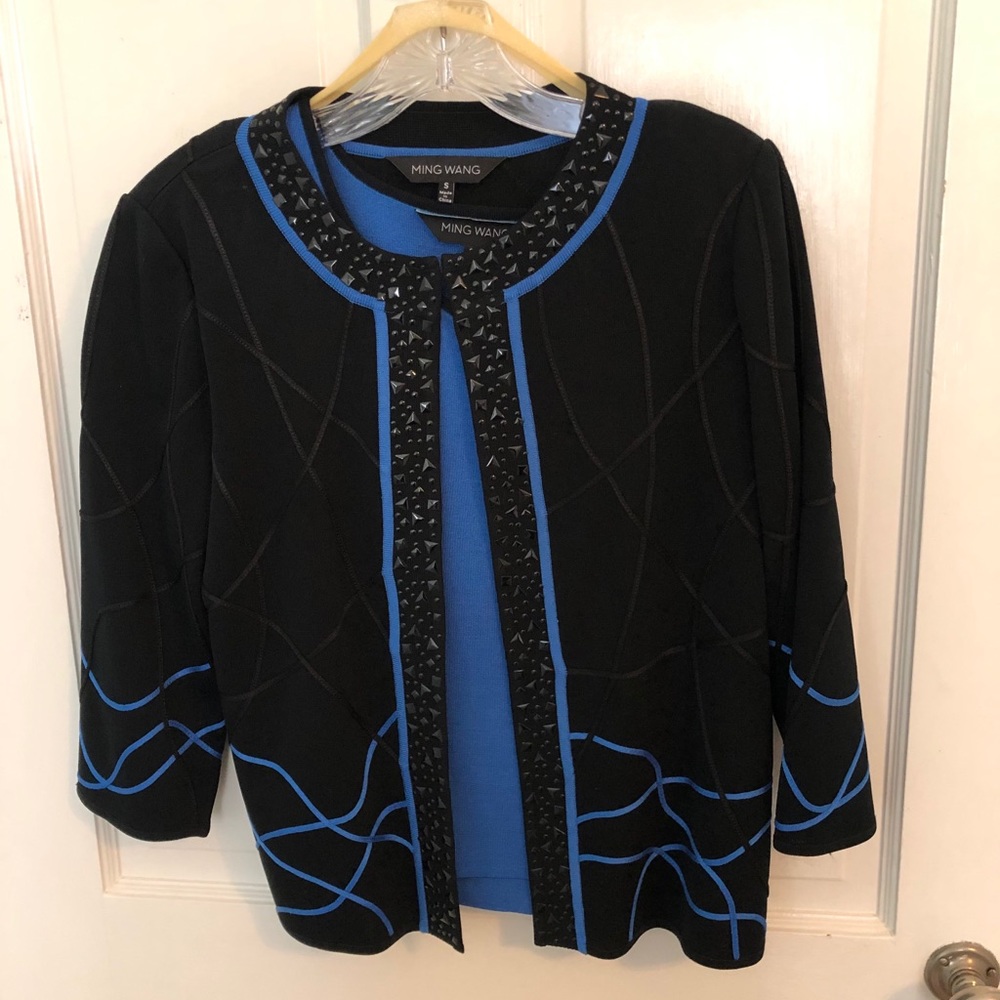 Ming Wang Black & Blue Open-Front Embellished Jacket w/Matching Tank